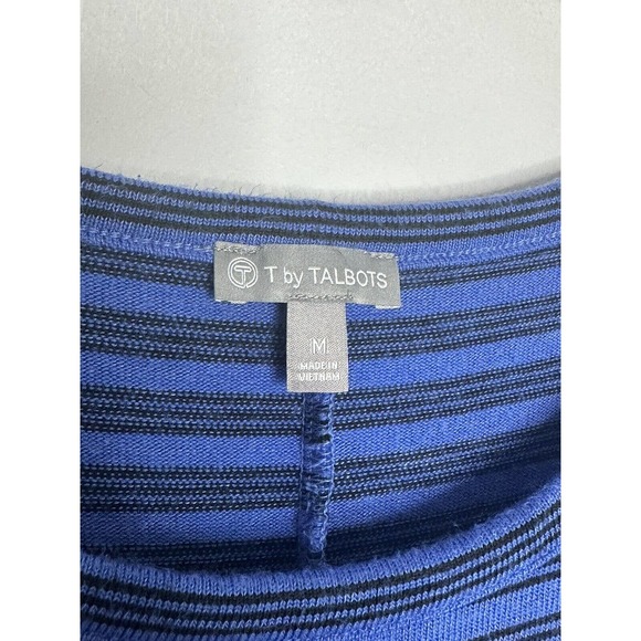 T by Talbots Womens Drawstring Waist Roll Tab Sleeves Blue Stripe Scoop Dress m - Picture 4 of 6